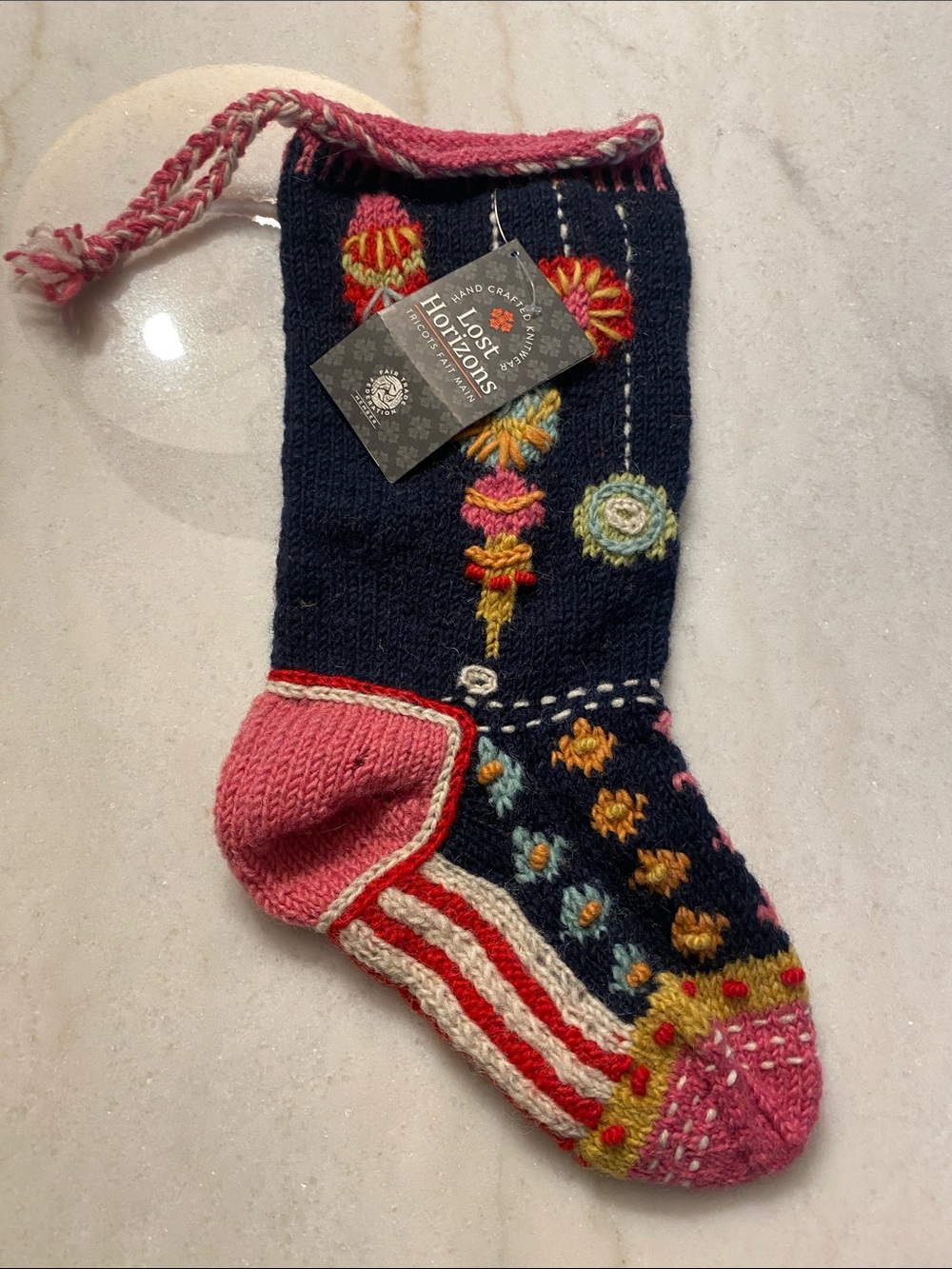 Handmade Wool Knit Christmas Stocking Lost Horizons Navy & Pink Holiday